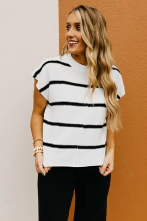 White Striped Batwing Sleeve Sweater Tee - Image 2