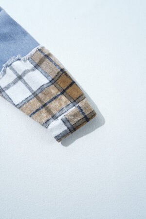 Khaki Plaid Patchwork Buttoned Oversized Denim Jacket - Image 8