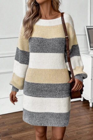 Gray Stripe Colorblock Bubble Sleeve Drop Shoulder Sweater Dress - Image 3