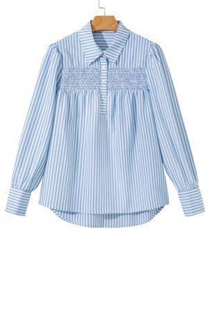 Sky Blue Stripe Shirred Detail Half Placket Collared Long Sleeve Fall Shirt - Image 20