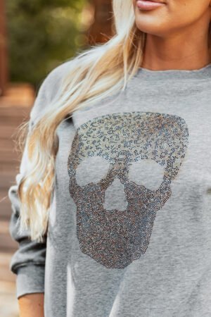 Light Grey Rhinestone Skull Graphic Drop Shoulder Sweatshirt - Image 4
