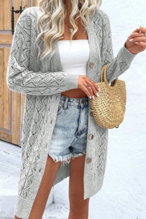 Gray Hollow Out Buttons Front Long Cardigan - Image 2
