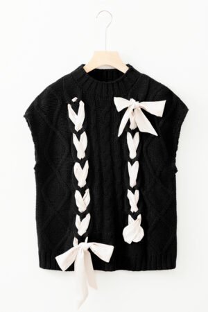 Black Cable Knit Colorblock Satin Bowknot Short Sleeve Sweater - Image 4