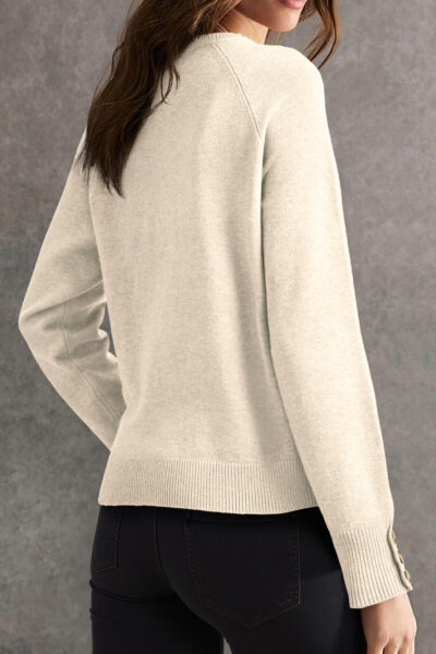 White Buttoned Bishop Sleeve Crew Neck Sweater