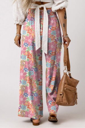 Pink Floral Smocked Waist Loose Pants - Image 2