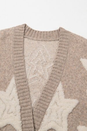 Khaki Sherpa Star Pattern Textured Sweater Cardigan with Pockets - Image 6