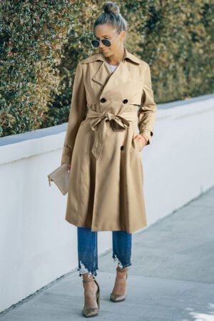 Pale Khaki Solid Color Lapel Collar Waist Tie Wind Coat - Image 4