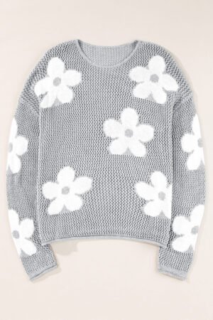Light Grey Big Flower Hollowed Knit Drop Shoulder Sweater - Image 5