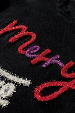 Black Tinsel Merry and Bright Graphic Christmas Sweater - Image 7