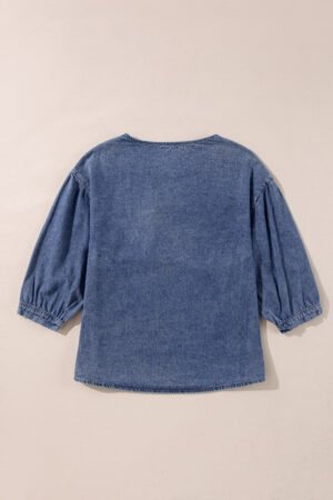Sky Blue 3/4 Sleeve Ruffled Patched Pocket Denim Blouse - Image 5
