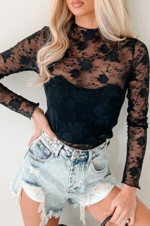 Black Sheer Floral Lace Mesh Mock Neck Long Sleeve Top - Image 3