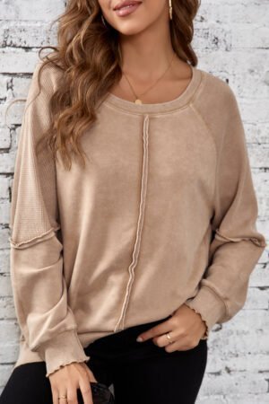 Light French Beige Solid Waffle Knit Patchwork Raglan Sleeve Sweatshirt - Image 3