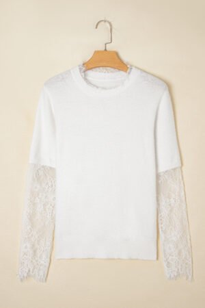 Beige Lace Sleeve Patchwork Faux Two-piece Fuzzy Sweater - Image 4