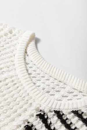 White Stripe Contrast Striped Crochet Puff Sleeve Sweater - Image 7