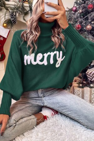 Blackish Green Merry Letter Embroidered High Neck Sweater - Image 4