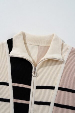Khaki Stripe Color Block Quarter Zip Collar Short Sleeve Sweater Dress - Image 7