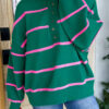Green Stripe Half Buttons Drop Shoulder Oversized Sweater
