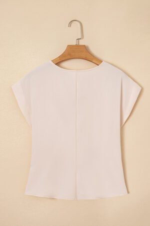 White Surplice V Neck Knotted Ruched Short Sleeve Peplum Blouse - Image 6