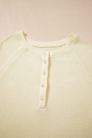 Oatmeal Textured Knit Half Buttons Henley Top - Image 6
