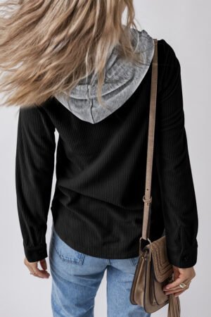 Black Hooded Drawstring Pockets Corduroy Shacket - Image 3