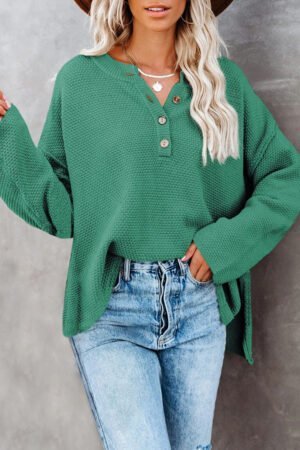 Green-2 Henley Pullover Drop Shoulder Sweater with Slits - Image 4