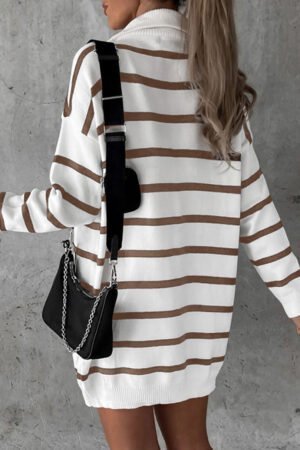 Brown Striped O-ring Zip Collared Loose Sweater Mini Dress - Image 5