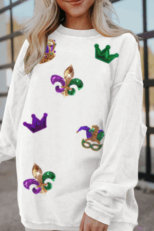 White Sequin Mardi Gras Symbol Crown Mask Patched Corded Sweatshirt - Image 2