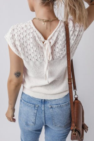 White Eyelet Knit Tied Back Short Sleeve Sweater - Image 2
