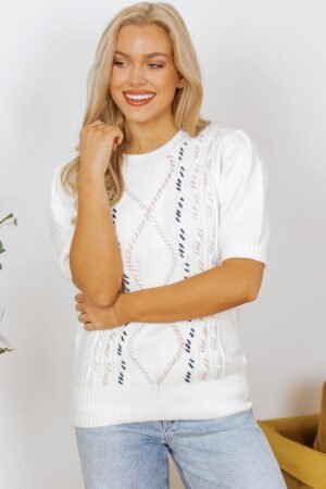White Multicolor Stitch Detail Cable Knit Short Sleeve Sweater - Image 4