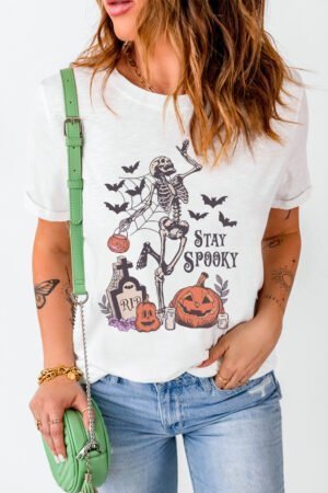 White Skull Pumpkin Face STAY SPOOKY Graphic Halloween T Shirt - Image 5