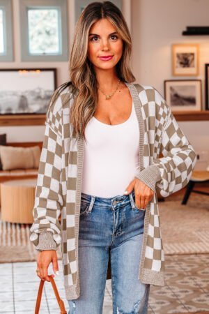 Brown Checkered Open Front Drop Shoulder Cardigan - Image 11