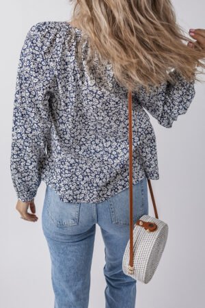 Blue Floral Print Notched V Neck Puff Sleeve Blouse - Image 2