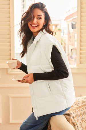 Beige Zipper Stand Neck Oversized Puffer Vest - Image 2