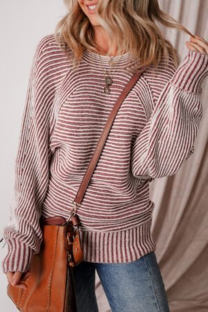 Red Dahlia Striped Print Ribbed Knit Boat Neck Baggy Sweater