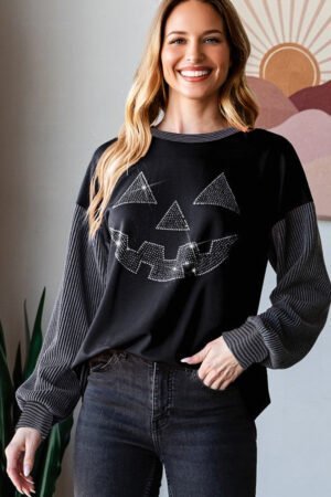 Alternative view of Black Halloween Rhinestone Pumpkin Face Contrast Ribbed Long Sleeve Patchwork Top