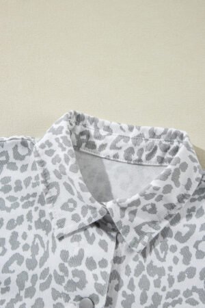 White Leopard Printed Flap Pocket Denim Jacket - Image 8