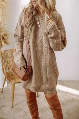 Parchment Cable Knit Drop Shoulder Loose Fit Sweater Dress - Image 4
