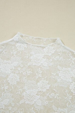 White Sheer Floral Lace Mesh Mock Neck Long Sleeve Top - Image 7