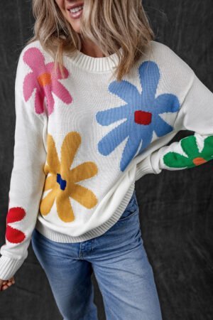 White Colorful Big Flower Pattern Crewneck Sweater - Image 4