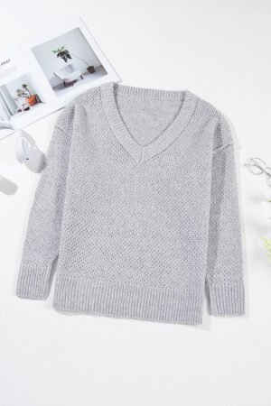 Light Grey Loose Eyelet V Neck Drop Shoulder Sweater - Image 4