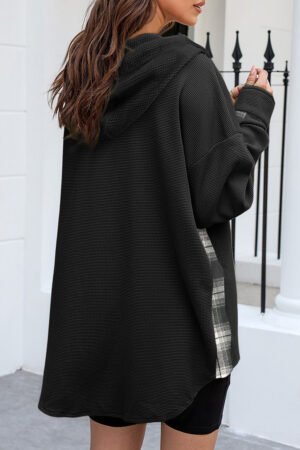 Alternative view of Black Waffle Knit Plaid Patchwork Drawstring Hooded Shacket