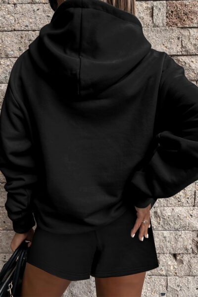 Black Button Drawstring Hooded Pullover and Casual Short Set