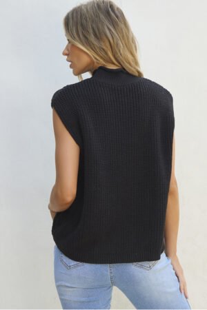 Black Solid Color Cable Knit High Neck Sweater Vest - Image 3