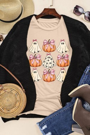 Black Bowknot Ghost Pumpkin Graphic Halloween T Shirt - Image 6