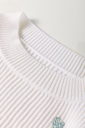 Beige Sequin Heart Shape Waffle Knit Round Neck Sweater - Image 8