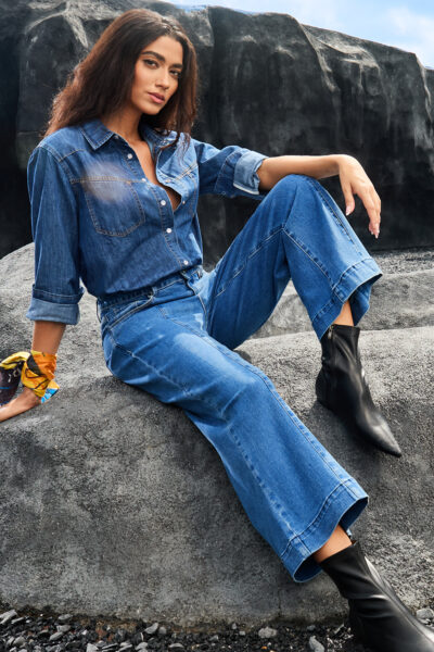 Dark Blue Plain Seam Detail Flared Bottom Ankle Length Jeans