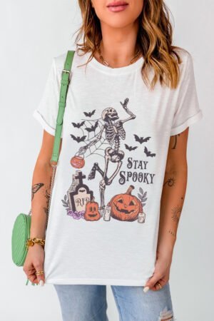 White Skull Pumpkin Face STAY SPOOKY Graphic Halloween T Shirt - Image 2