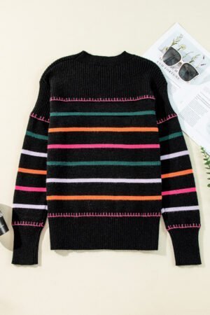 Black Colorful Striped Ribbed Trim Sweater - Image 5