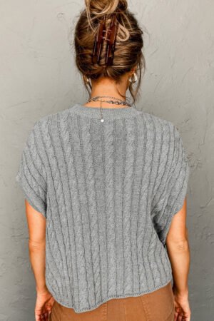 Gray Crew Neck Cable Knit Short Sleeve Sweater - Image 2