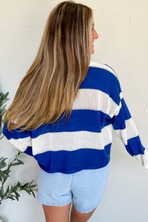 Blue Stripe Colorblock Polo Collar Eyelet Crochet Knitted Sweater - Image 2